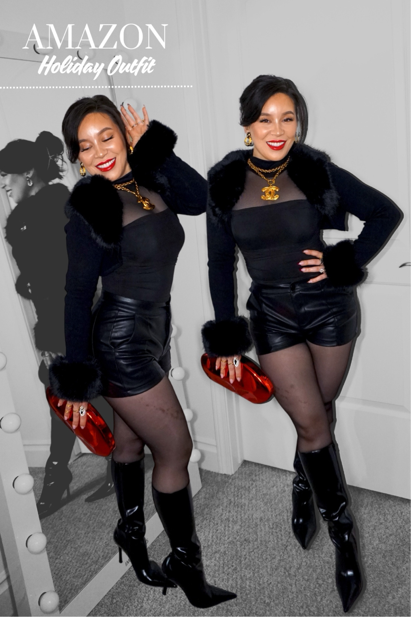 This is officially my favorite Holiday party outfit. Mariah Carey herself would be jealous of you in this perfect fur-lined sweater (don’t worry, it’s faux but super high quality!) I’m OBSESSED 🤩 

Sweater: small
Bodysuit: small 
Shorts: small 
