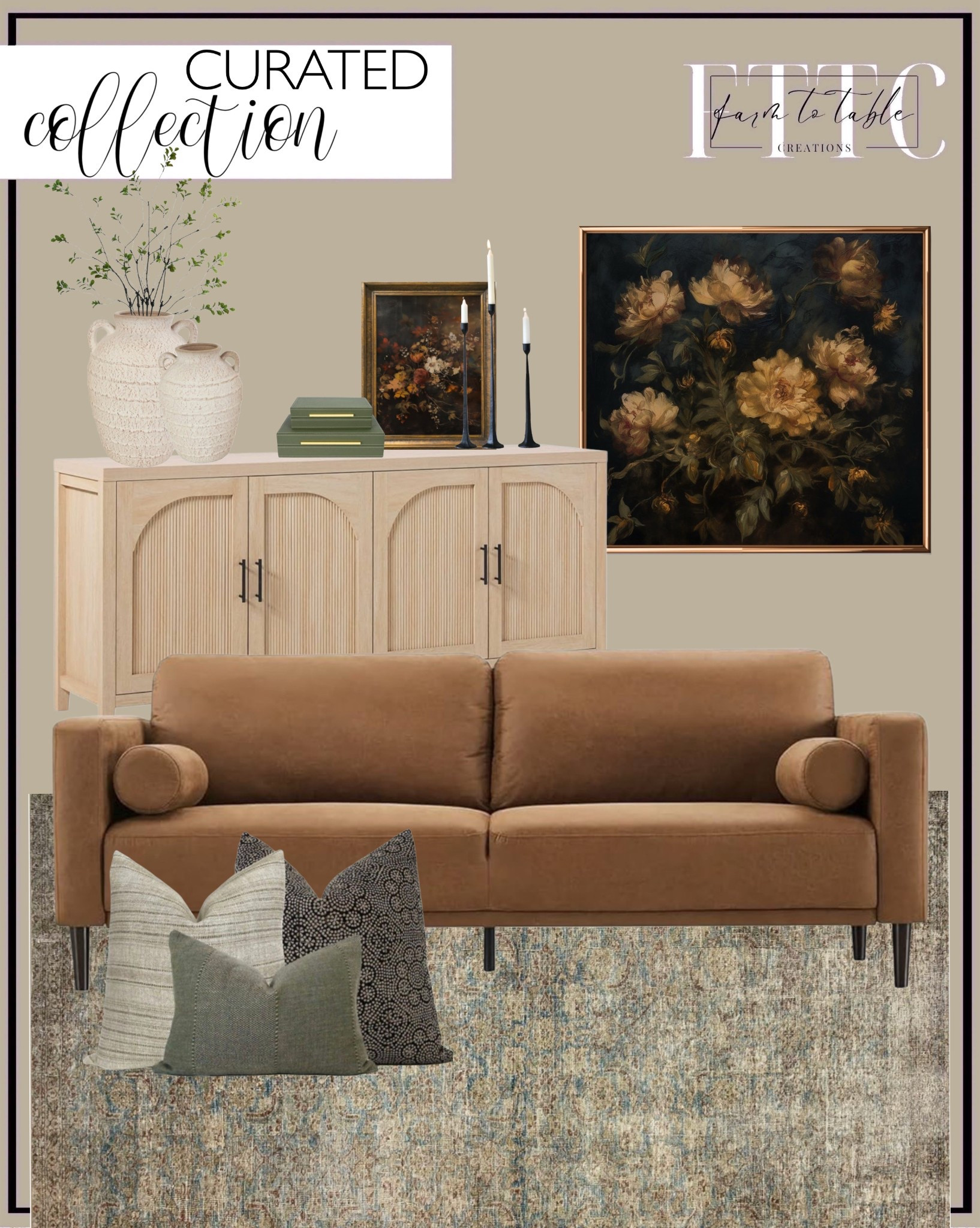 Curated Living Room Collection. Follow @farmtotablecreations on Instagram for more inspiration.

Sofa Couches, 79” Mid-Century Modern Couch, Breathable Faux Leather Couch with Upholstered Cushions. Walker Edison Sideboard. Iron Black Candleholders. Pillow Combo. Golden Moody Floral Painting Printable. Loloi Amber Lewis Morgan Area Rug in Sea/Sage. Ceramic Decorative Vase Textured Centerpiece Vases with Handles. Krissing 6 Pcs Faux Greenery Stems, 37" Tall Fake Ficus Twig. Green Shagreen box set/2. Vintage Floral Print. 

Living Room | Bedroom Furniture | nightstands | Home Decor| Fireplace Decor | Spring Refresh |  Bedroom Finds | Neutral Stems | Spring Stems | Bookshelf Decor | Bedroom Space | Cozy  Corner | Bathroom | Curated Entryway | Spring  Decor | End of Year Clearance | Trending Decor | Viral Decor  | Coffee Table Decor | Neutral Decor | Fall Stem Sale | Target Finds | Skinny Bench | Bedroom | Living Room | Breakfast Nook | Amazon Home | Target Sale | Loloi Rugs | Magnolia Home | console table | console table styling | faux stems | entryway space | front porch decor | neutral decor | entryway decor | cozy home | affordable decor |  home decor | home inspiration | console styling | entryway rug | cozy moody home | moody home decor | neutral home | bathroom decor | living room | spring decor | Hearth & Hand | Studio McGee | 2025 Home Trends | trending home | Crate&Barrel 




#LTKFindsUnder50 #LTKSaleAlert #LTKHome