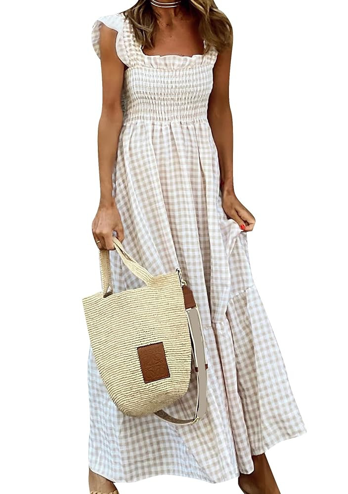 OMZIN Plaid Maxi Smocked Dress for Women A Line Square Neckline Swing Sundresses Sleeveless Summe... | Amazon (CA)