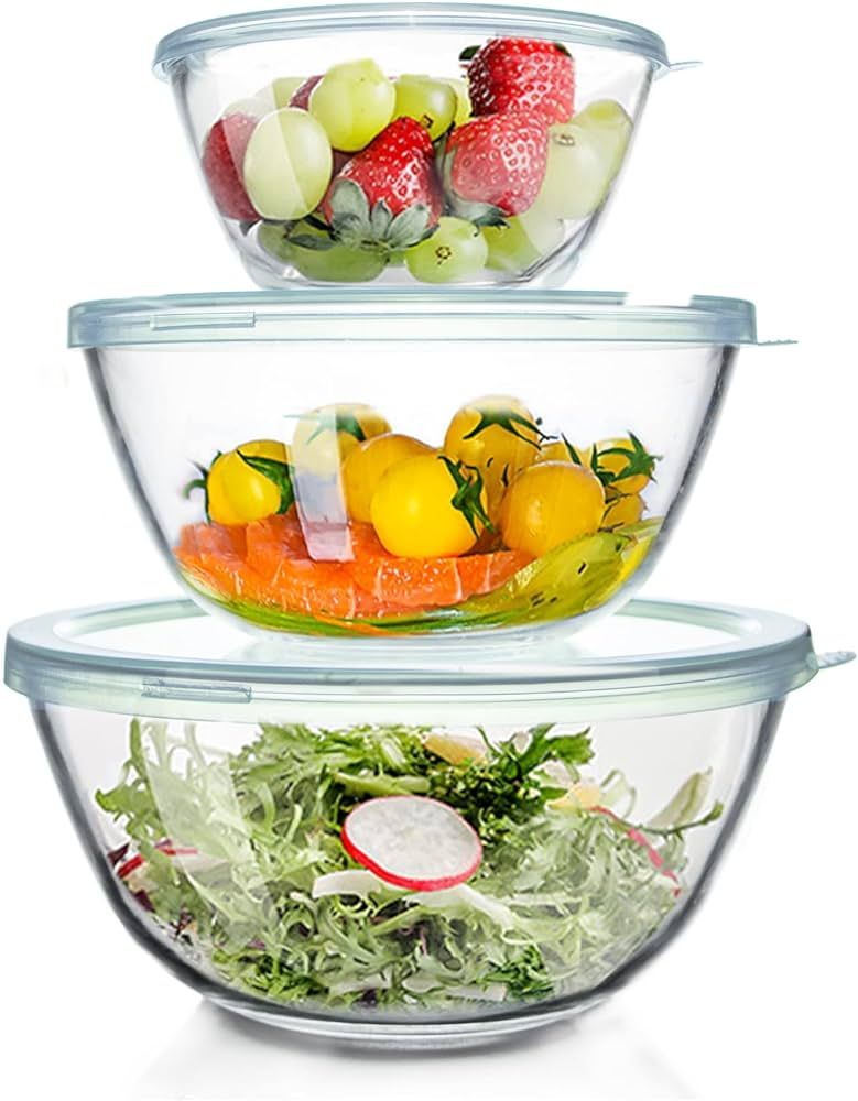 WhiteRhino Glass Mixing Bowls with Lids Set of 3（4.5QT,2.7QT, 1.1QT), Large Kitchen Salad Space... | Amazon (US)
