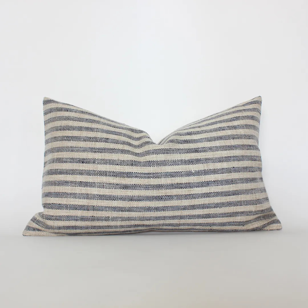 Blue Stripe Lumbar Pillow Cover, Neutral Farmhouse Cushion, French Country Accent Pillow, Woven T... | Etsy (Global)