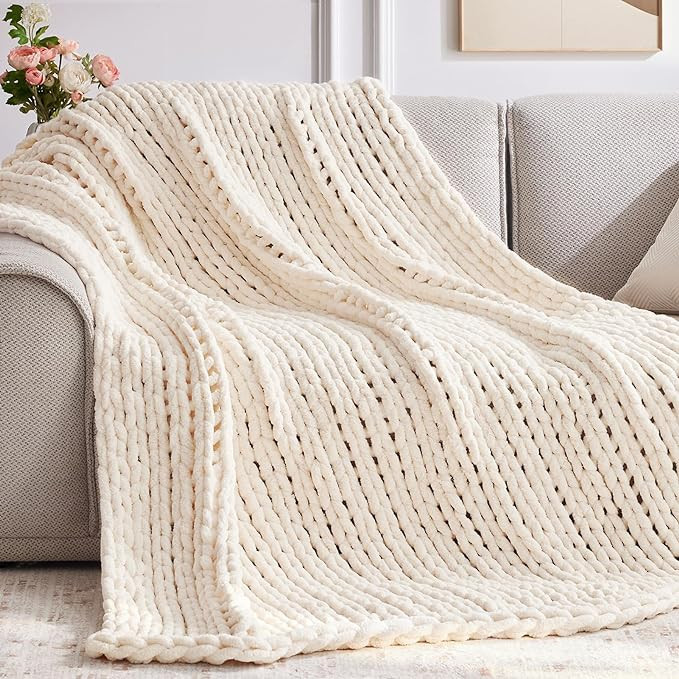 Chunky Knit Throw Blanket, 60''*80'' Knitted Throw Chenille Yarn for Bed Couch, Handmade Cream Cr... | Amazon (US)