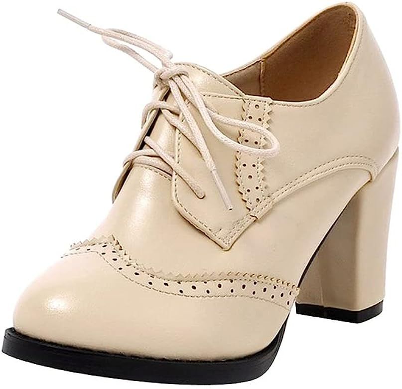 Dear Time Block Heels Wingtip Oxfords Vintage PU Leather Brogue Shoes Woman | Amazon (US)