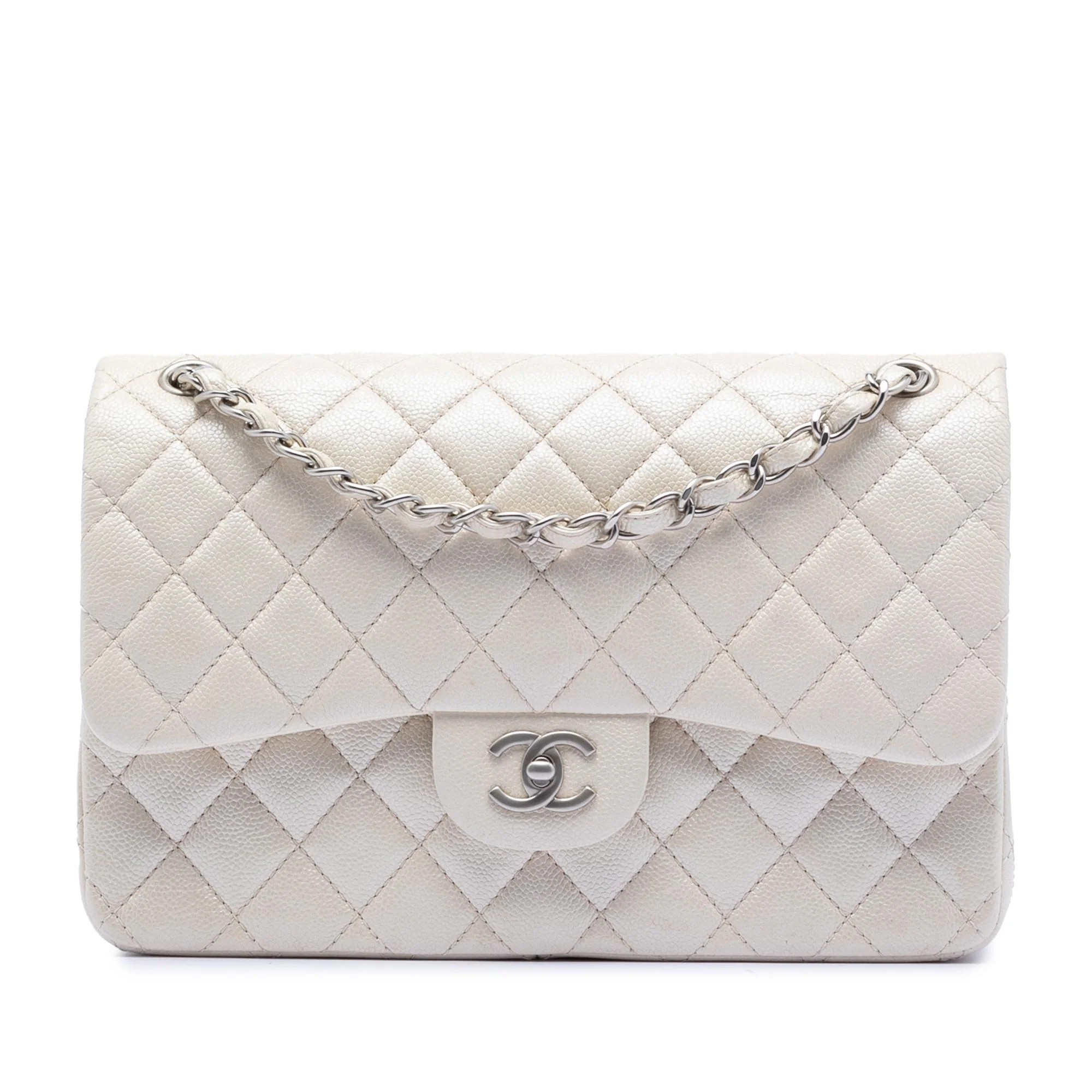 Chanel White Jumbo Classic Iridescent Caviar Double Flap | Italist.com US