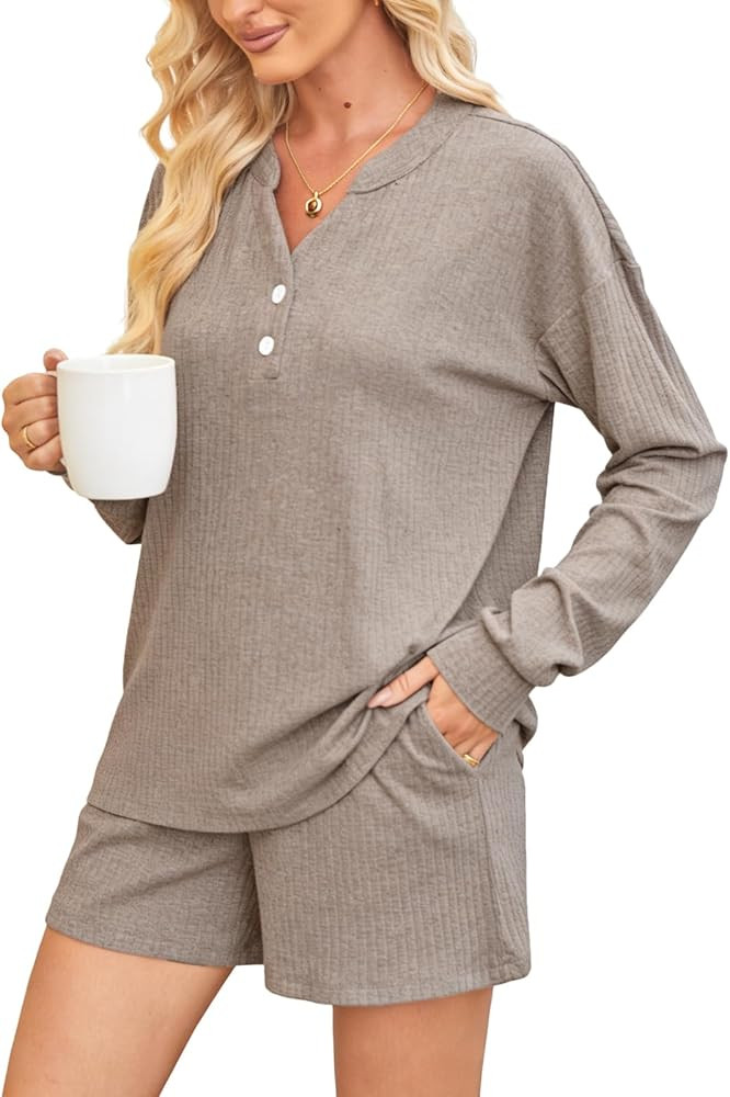 Womens Ribbed Knit 2 Piece Lounge Sets Outfits Long Sleeve Top and Shorts Pajama Sets Loungewear ... | Amazon (US)