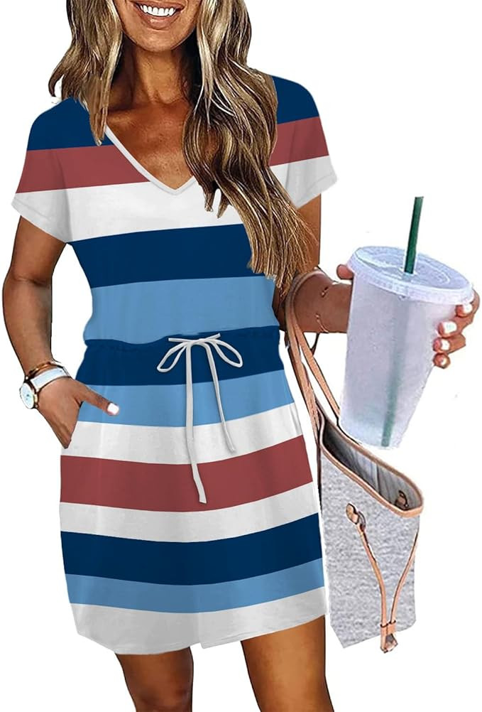 Womens Summer Dresses 2026 Casual Tie Front Short Sleeve A Line Midi Shirt Dress Beach Vacation C... | Amazon (US)