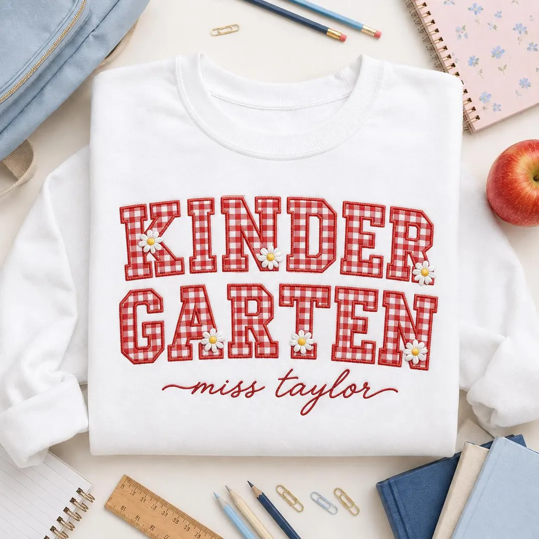 Kindergarten Teacher Sweatshirt, Red Gingham Applique Crewneck, Custom Name Back to School Gift, ... | Etsy (Global)