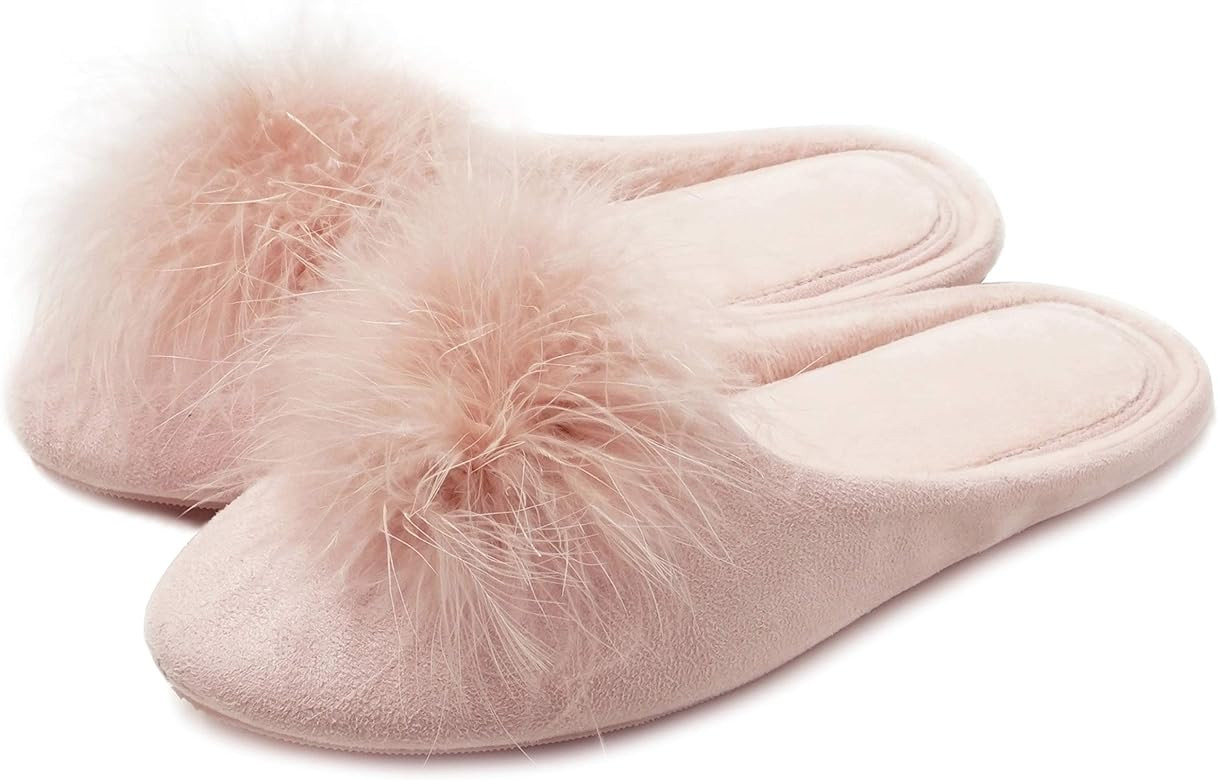 Women's Fluffy Feather Slippers, Marabou Micro Suede Fabric House Slippers with Non-Slip Memory F... | Amazon (US)