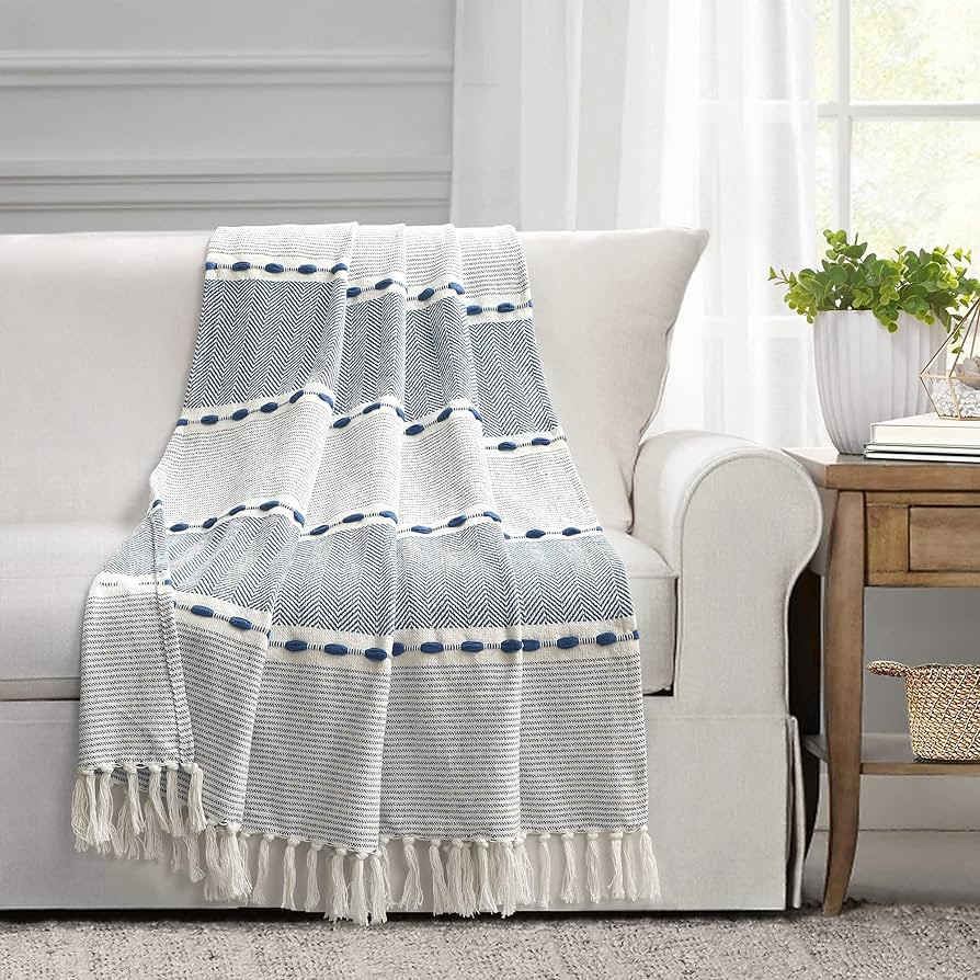 Lush Decor Herringbone Stripe Yarn Dyed Cotton Woven Tassel Blanket, 60" x 50", Navy | Amazon (US)