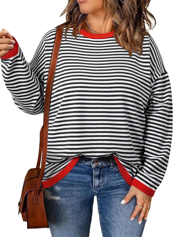 Eytino Plus Size Sweaters for Women Casual Striped Color Block Long Sleeve Round Neck Pullover Ju... | Amazon (US)
