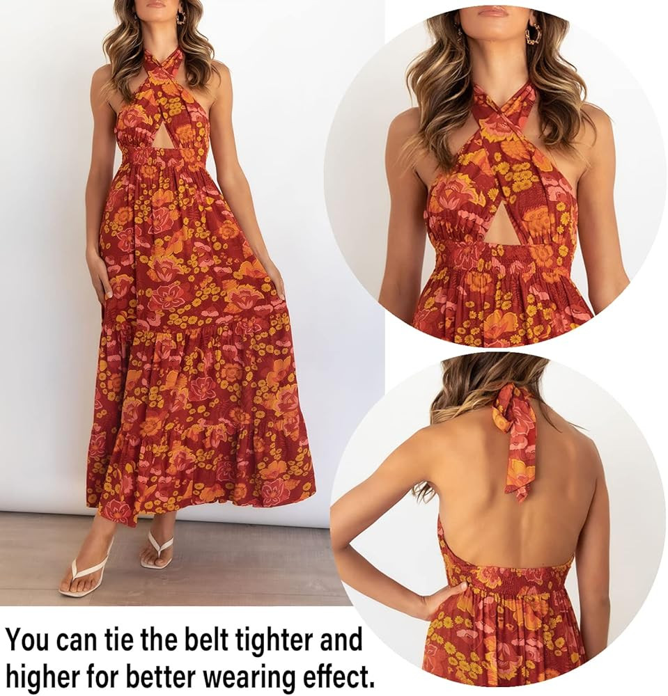 ZESICA Women's Summer Crossover Halter Neck Sleeveless Plaid Cut Out Backless Flowy A Line Maxi Dres | Amazon (US)