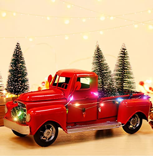 AerWo Little Red Truck Christmas Decor with 2 Mini Trees and LED String Lights - Metal Pickup Truck Car Model for Table Top Decor | Amazon (US)