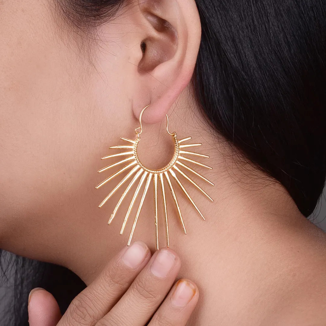 Gold Sunburst Hoop Earrings: Boho Festival Brass Statement Jewelry | Etsy (US)
