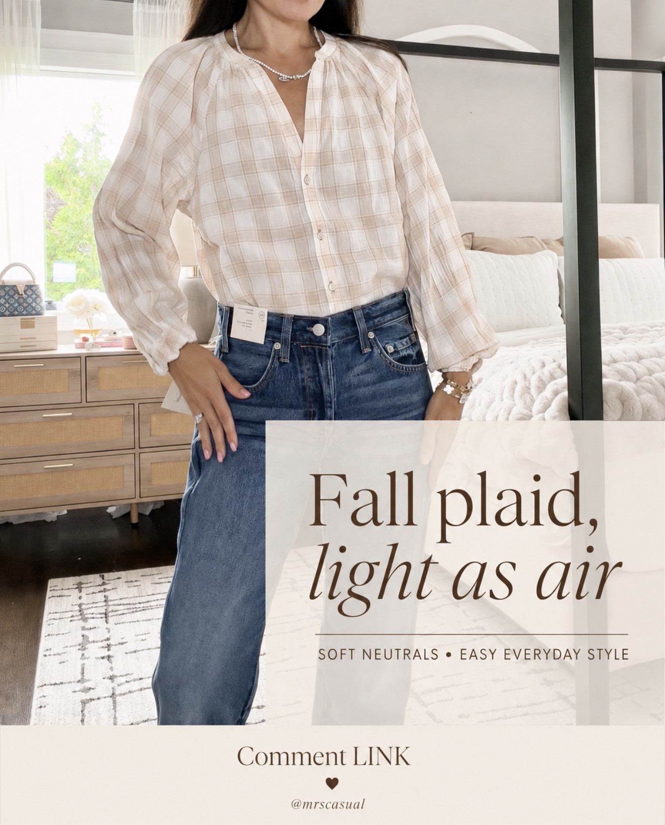 Fall vibes without the heavy layers 🤎 This neutral plaid top is SO lightweight, and the soft colors are just gorgeous with denim. Such an easy outfit!

Comment LINK and I’ll send you the details!