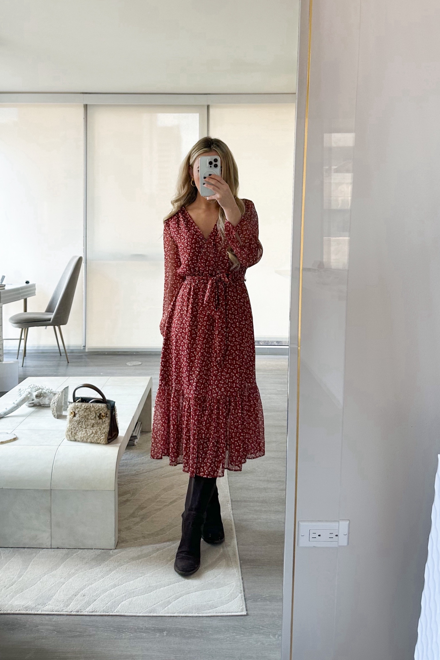 dress for work, office midi dress floral midi dress, brown boots, work outfit, shearling accessories, wrap dress,,  

#LTKworkwear #LTKtravel 

#LTKItBag #LTKSeasonal #LTKWorkwear
