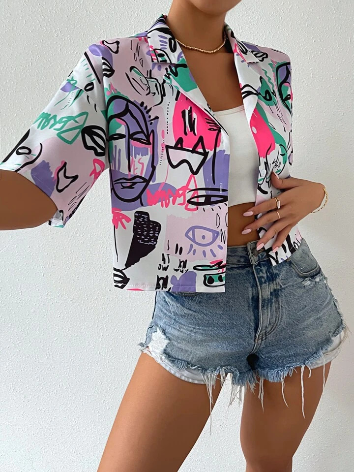 SHEIN EZwear Women's Short Sleeve Collar Drop Shoulder Crop Top Figure Graphic Button Down Shirts... | SHEIN