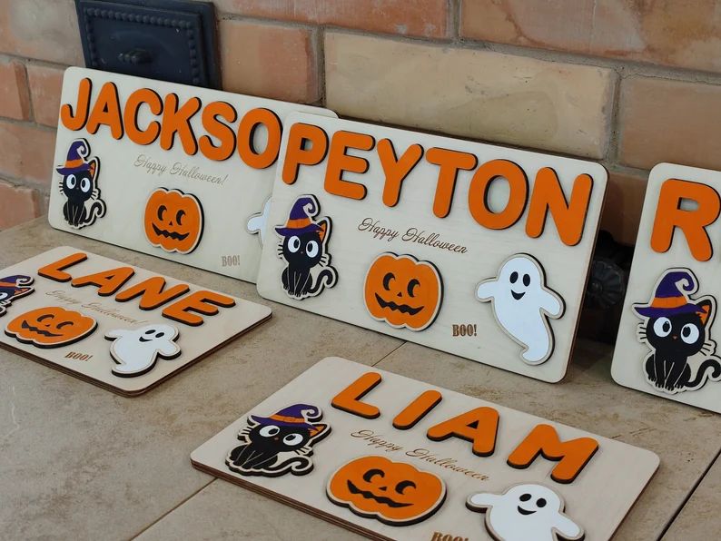 Baby Toddler Kid Halloween Toy Wooden Name Puzzle With Black - Etsy | Etsy (US)