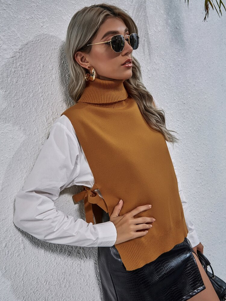 Knotted Side Turtleneck Sweater Vest Without Blouse | SHEIN