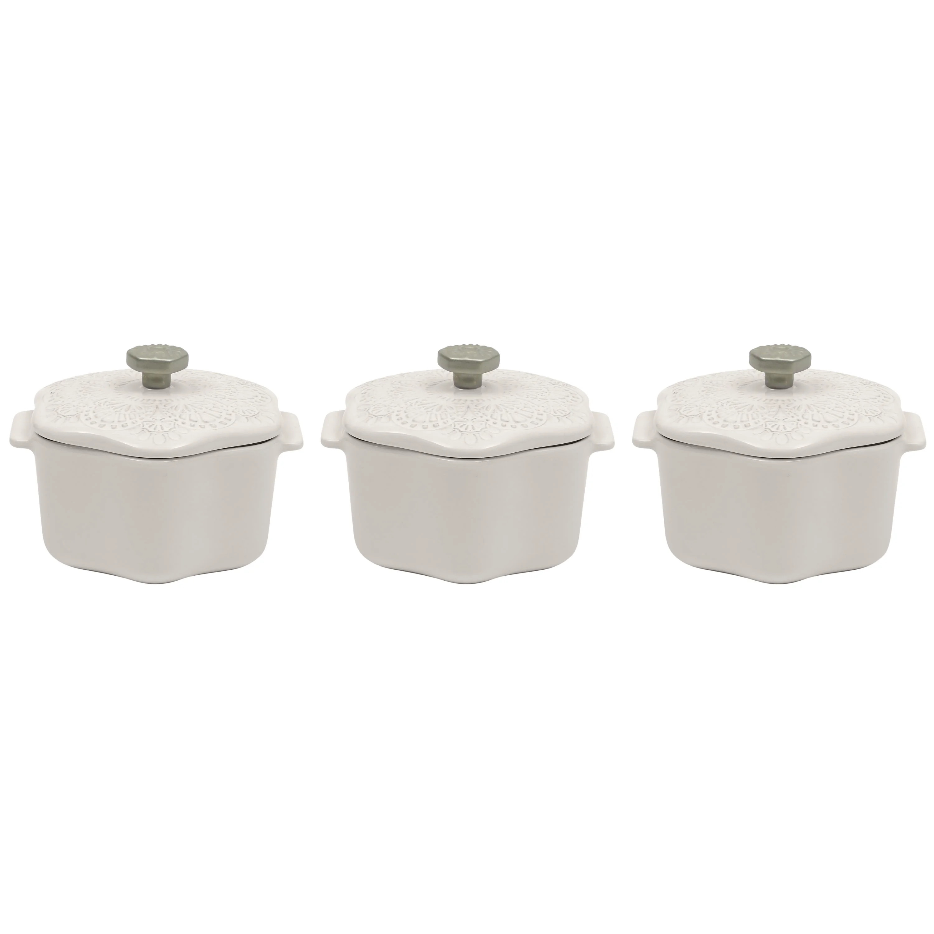 The Pioneer Woman Stoneware 2 Cup Snowflake Cocotte with Lid, White, Set of 3 | Walmart (US)