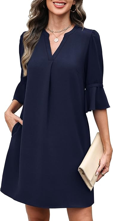 RUMIA Shift Dress for Women V Neck Ruffle Short Sleeve Loose Casual Summer Dress | Amazon (US)