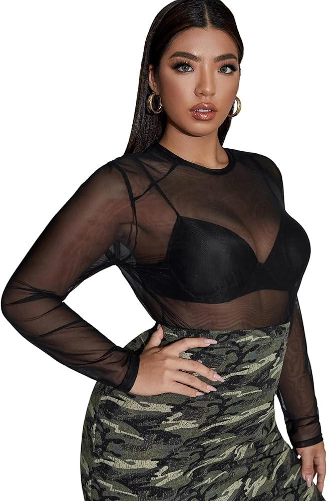 Floerns Women's Plus Size Floral Print Mock Neck Sheer Mesh Tee Shirts Top | Amazon (US)