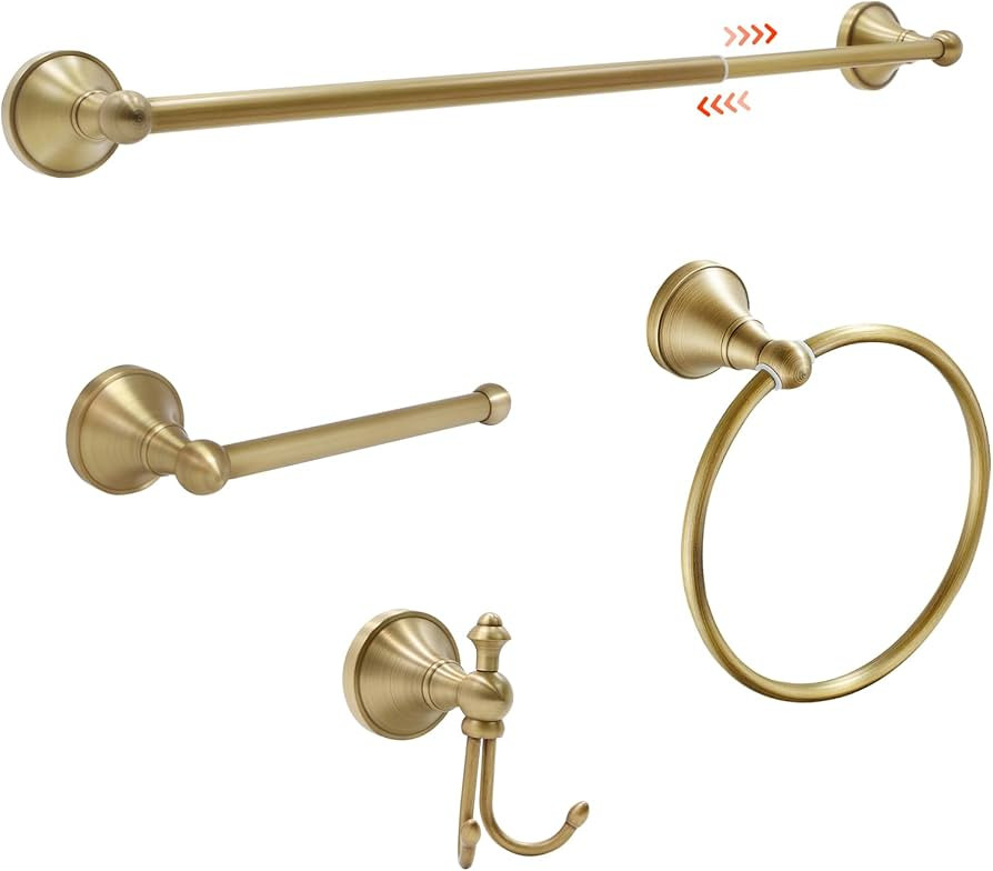 4 Piece Antique Brass Gold Bathroom Towel Bar Set - Toocust 16"-27.7" Adjustable Towel Bar for Ba... | Amazon (US)