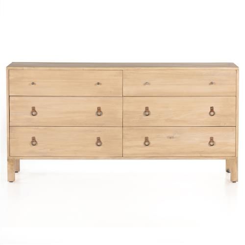 Luca Rustic Beach Beige Wood Iron Ring Pull 6 Drawer Double Dresser | Kathy Kuo Home