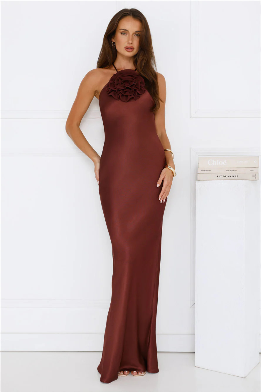 Piazza Nights Satin Maxi Dress Chocolate | Hello Molly (US)