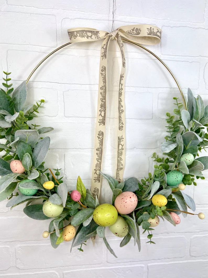 Easter Wreath,Easter Egg Hoop Wreath,Simple Lambs Ear Easter Bunny Decor,Farmhouse Easter Eucalyp... | Etsy (US)