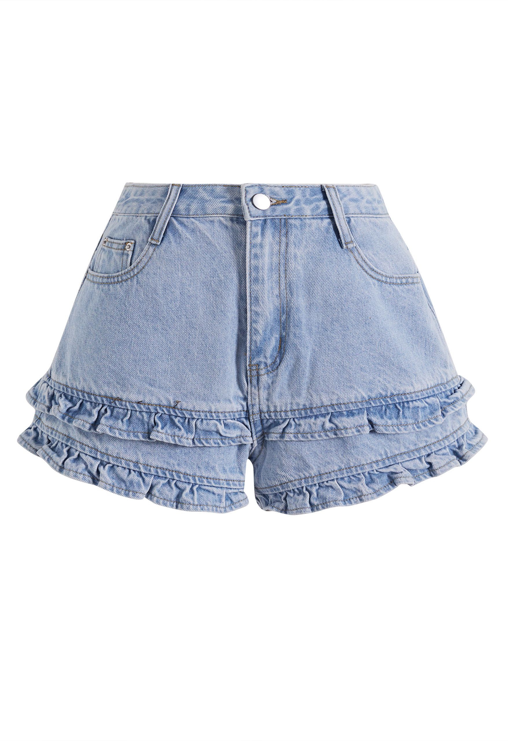 Tiered Ruffle Hem Denim Shorts in Blue for Beach Trips & Shopping Days | Chicwish