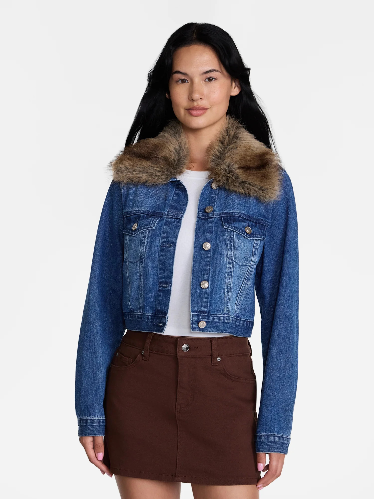 Madden NYC Women's Cropped Denim Jacket with Faux Fur Collar, Sizes XXS-XXL | Walmart (US)
