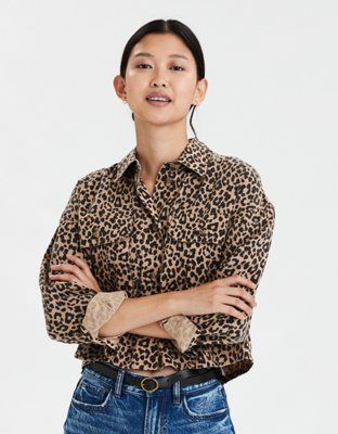 AE Leopard Cropped Button Up Shirt | American Eagle Outfitters (US & CA)