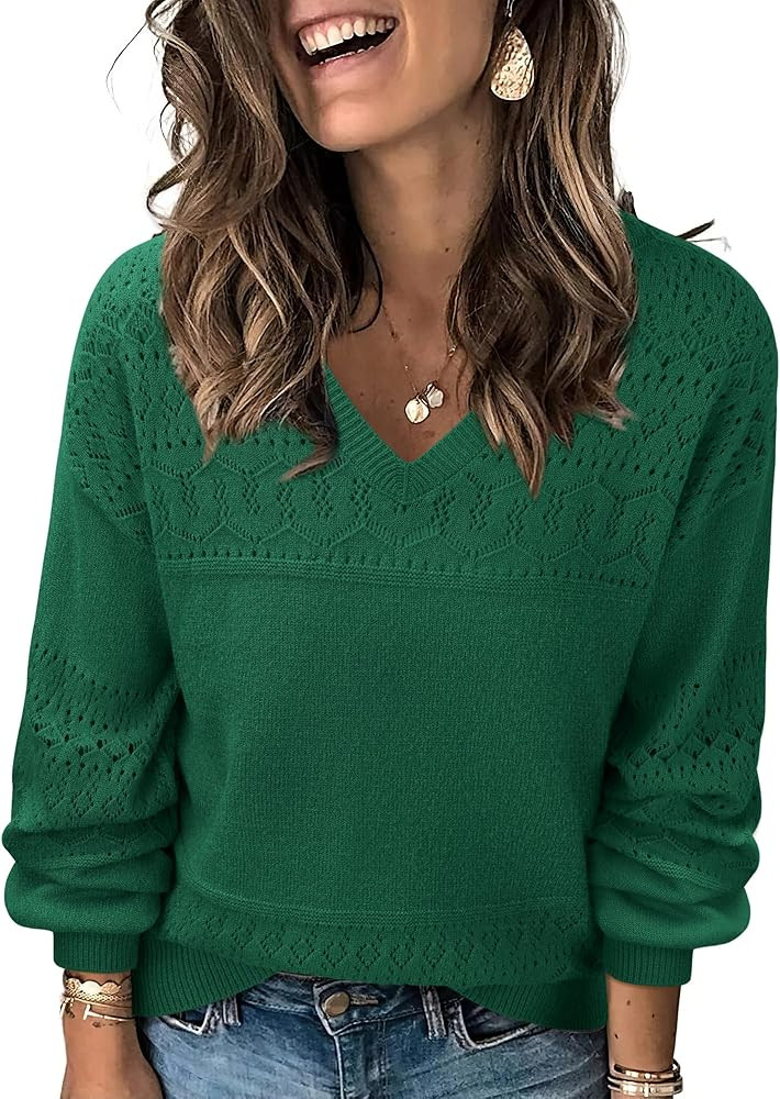 Messic Womens Pullover Sweaters 2025 Casual Long Sleeve V Neck Lightweight Loose Knit Tops | Amazon (US)