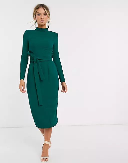 ASOS DESIGN long sleeve midi dress with obi belt in green | ASOS (Global)