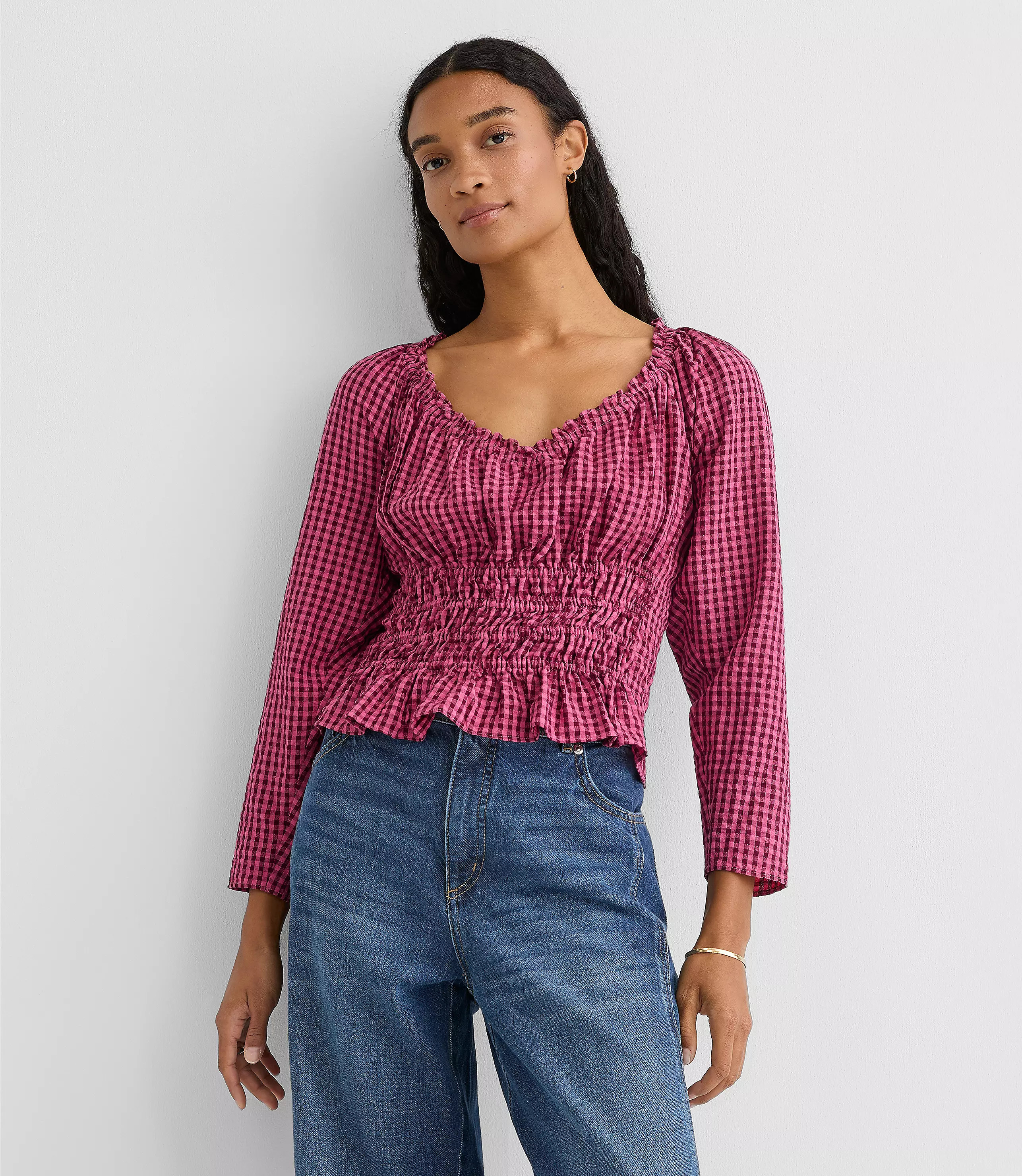 Gingham Smocked Ruffle V-Neck Blouse | LOFT