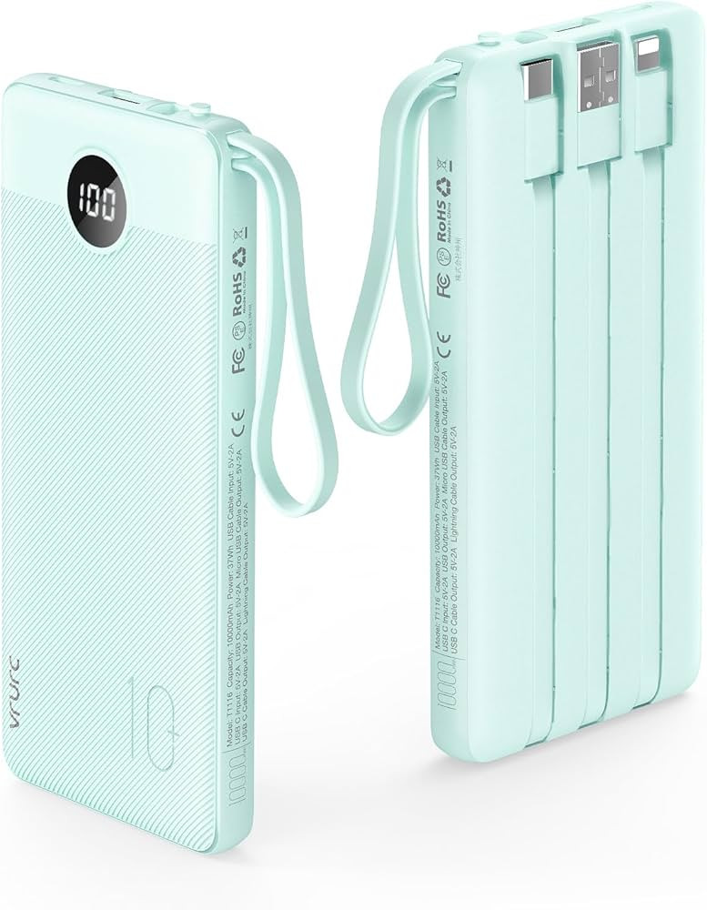 VRURC Portable Charger with Built-in Cables, 10000mAh LED Display USB C Power Bank, 5 Output 2 In... | Amazon (US)