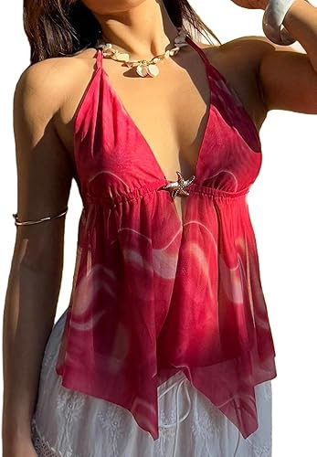 MakeMeChic Women's Mesh Backless Halter Top Summer Tie Dye Starfish Sexy Camisole Tops | Amazon (US)
