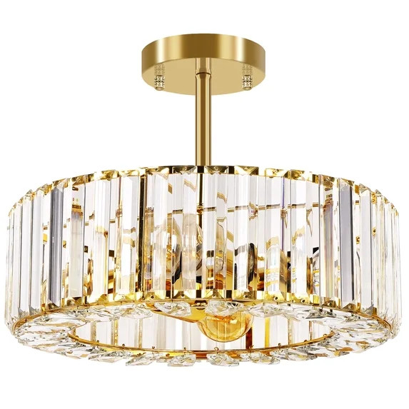 FRIDEKO HOME 14.5" Crystal Semi Flush Mount Ceiling Light Fixture, Modern Gold Drum Chandelier fo... | Walmart (US)