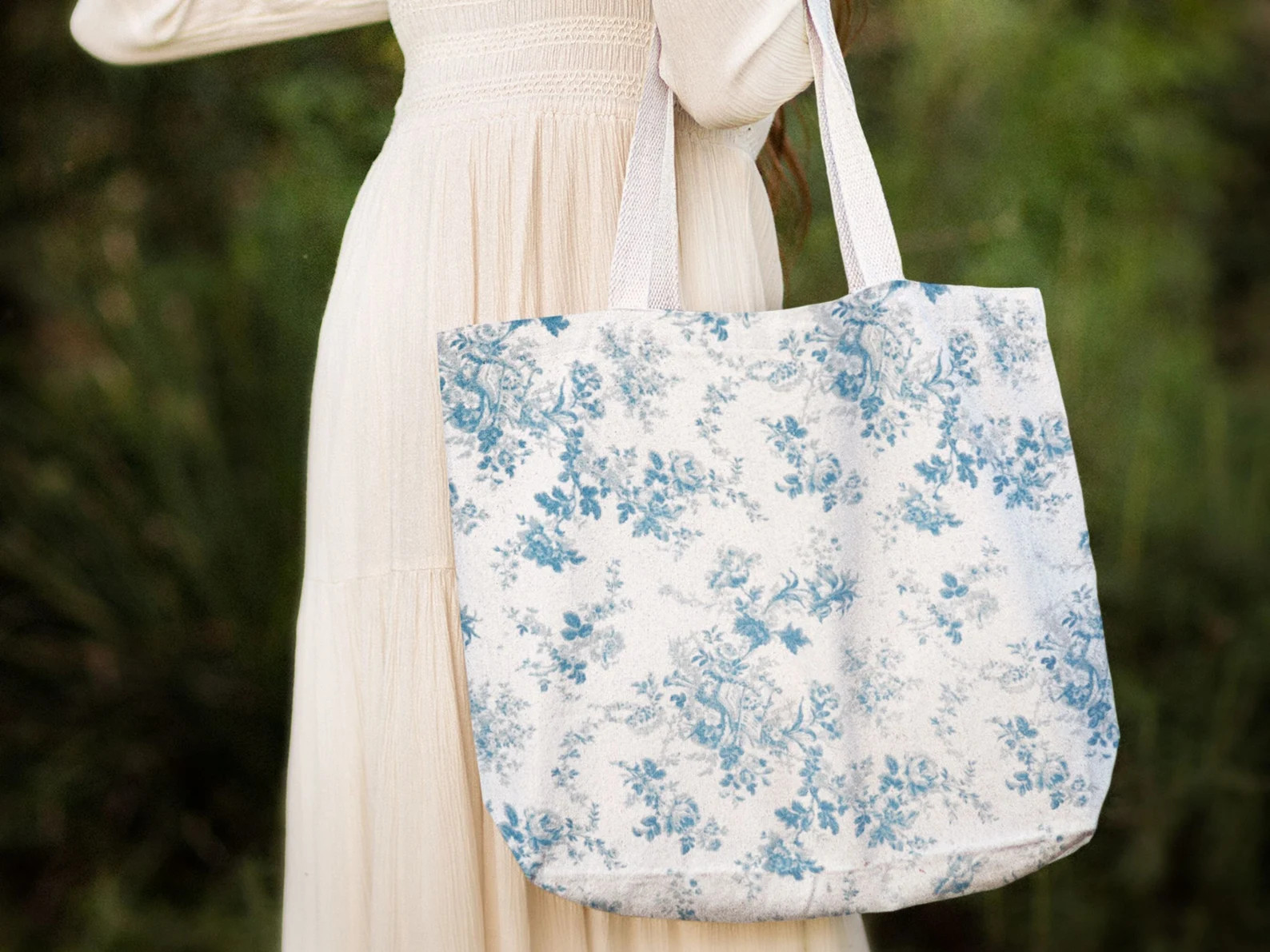 Blue Toile Print Tote Bag: Classic Floral Shoulder Bag | Etsy (Global)