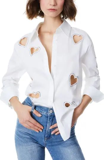 Crystal Heart Cutout Detail Cotton Blend Button-Up Shirt | Nordstrom