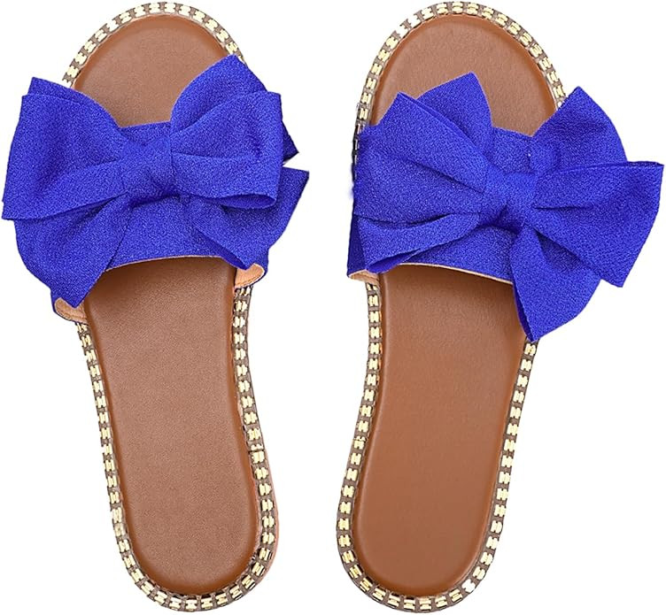 Sksshion Women's Bow Knot Slides Open Toe Flat Sandals Summer Slip On Slippers | Amazon (US)