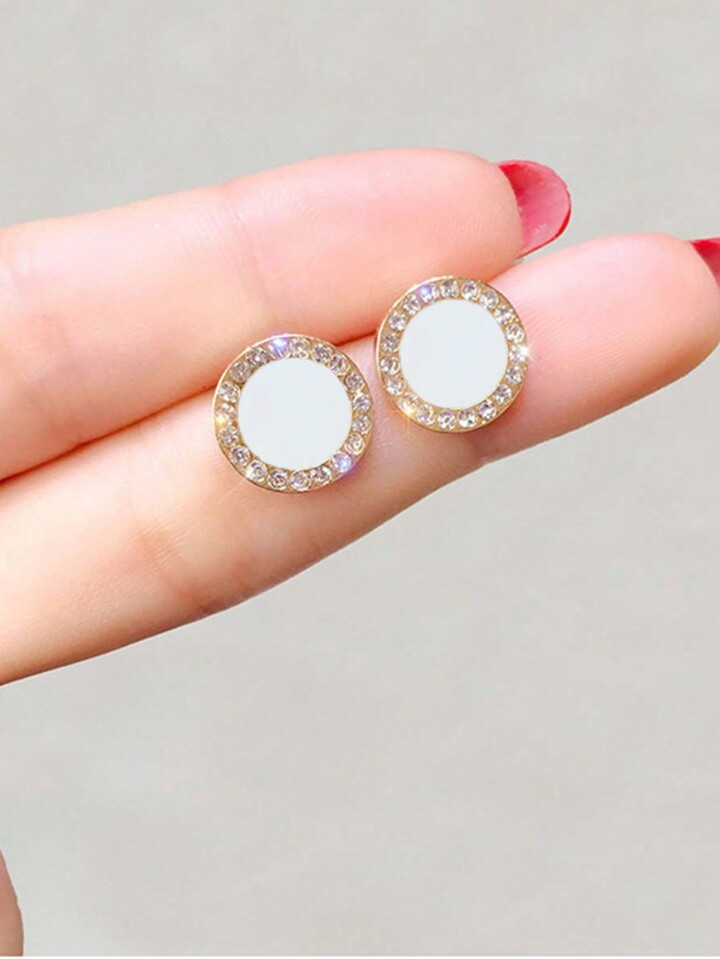 1pair White Circle Shaped Geometric Earrings With Rhinestone Embellishment | SHEIN USA | SHEIN