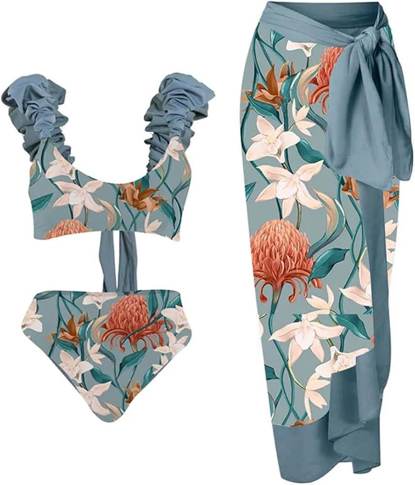IDOPIP Women's One Piece Swimsuit with Beach Cover up Wrap Skirt Sarong Retro Floral Print Bikini... | Amazon (US)