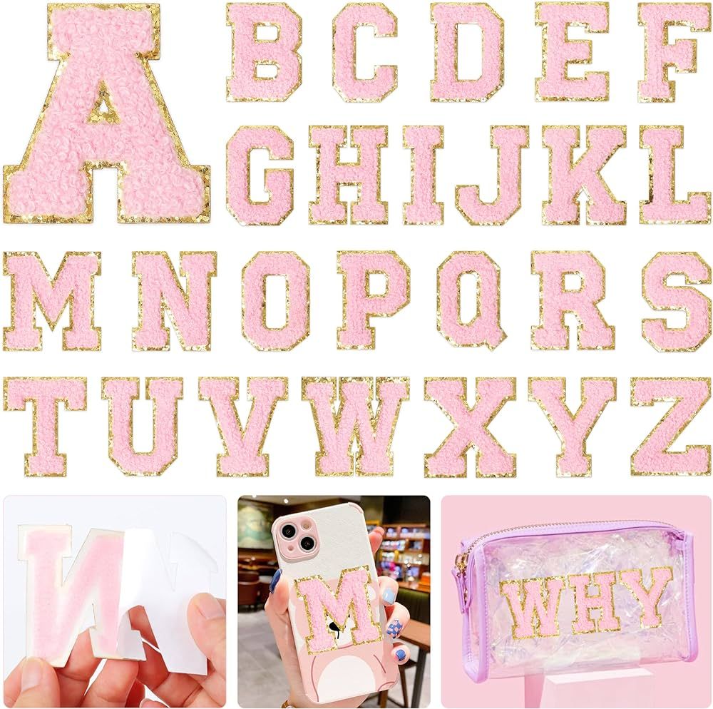 Pink Chenille Letters Self-Adhesive Patches: KINGSOW 26PCS Self Adhesive Varsity Iron on Letter P... | Amazon (US)