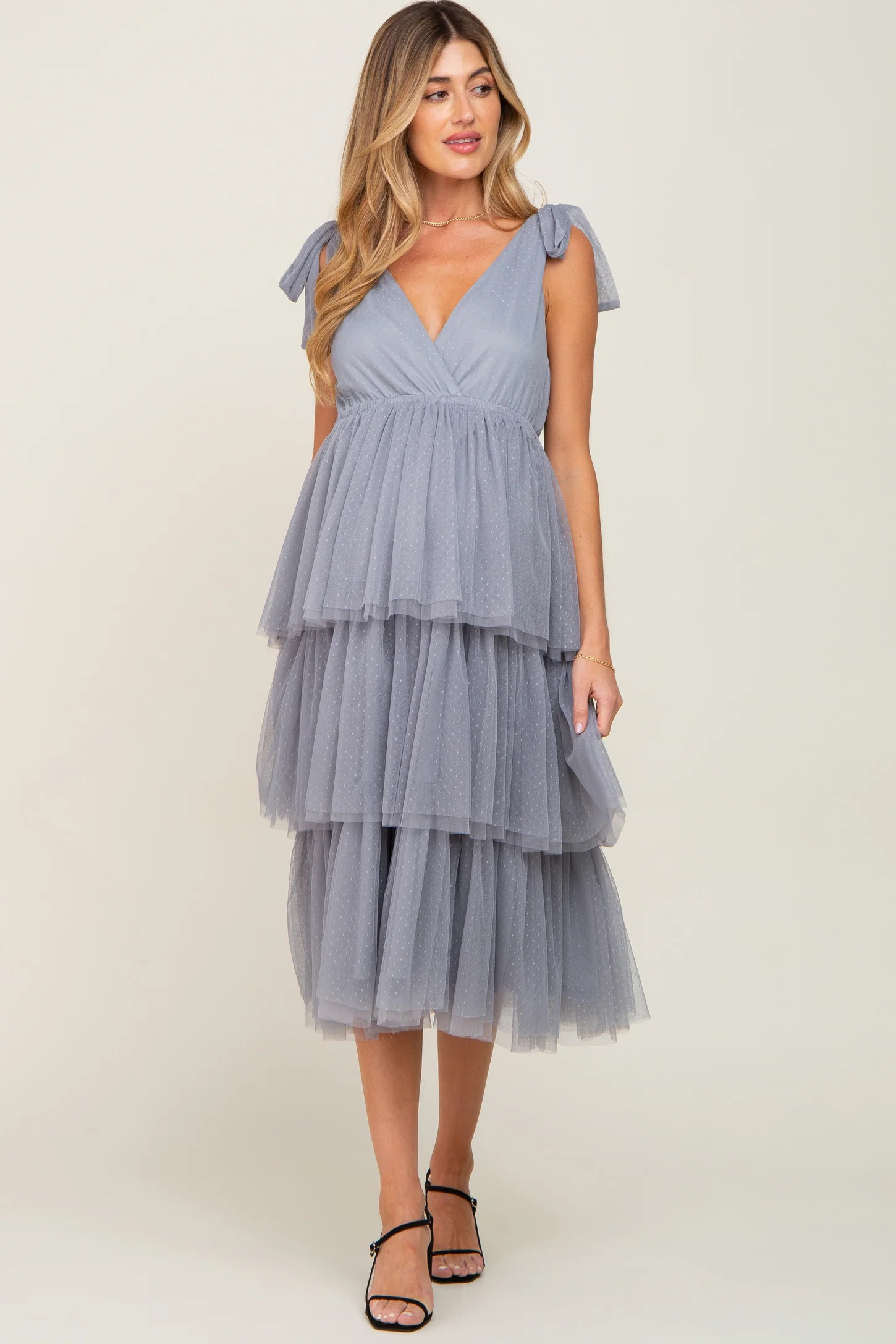 Light Blue Sleeveless Tiered Tie Strap Tulle Maternity Midi Dress | PinkBlush Maternity