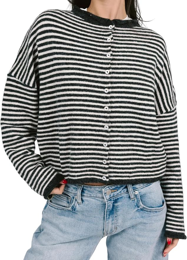 Women's Striped Cardigan Long Sleeve Open Front Button Down Lightweight Sweaters | Amazon (US)