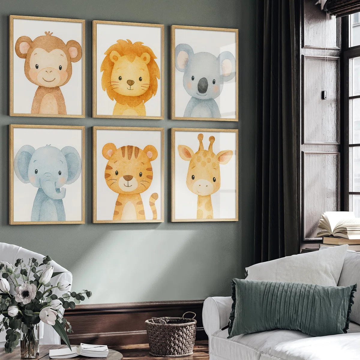Adorable Safari Baby Animal Framed Wall Art Set of 6 - Watercolor Monkey Lion Koala Elephant Tige... | Wayfair North America