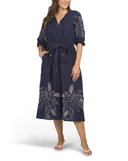 Linen Blend Three-quarter Sleeve Midi Dress With Embroidered Details | Casual Dresses  | Marshall... | Marshalls