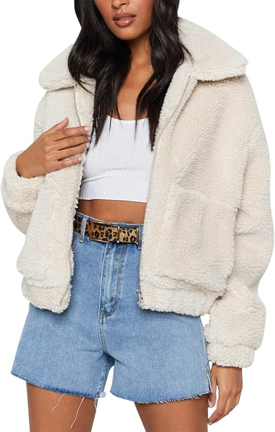 MEROKEETY Women's Sherpa Jacket Lapel Zip Up Fleece Fuzzy Faux Warm Oversized Outwear Coat with P... | Amazon (US)