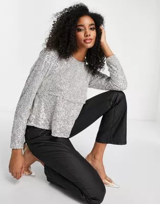 ASOS DESIGN sequin smock top in silver | ASOS (Global)